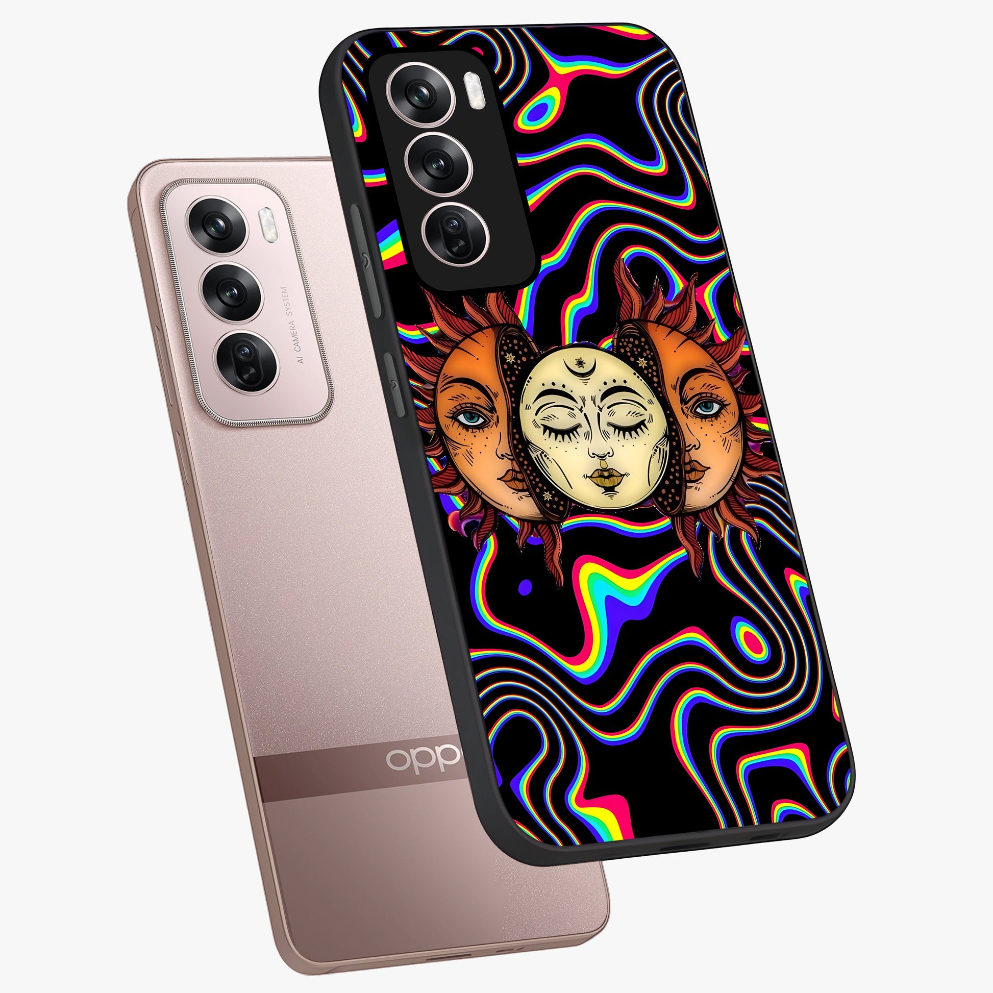 Psychedelic Sun Glass Case displayed in angled mockup highlighting vibrant abstract sun design with artistic aesthetic style.