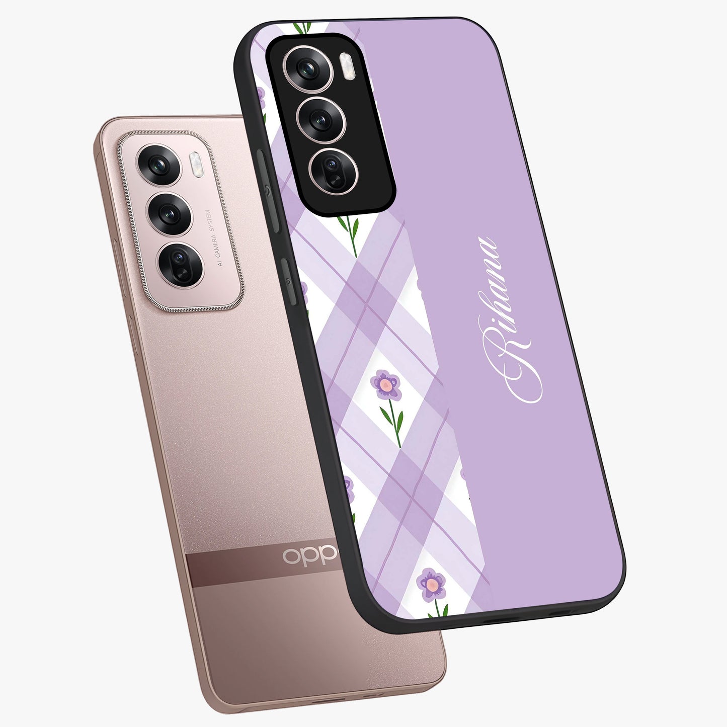 Purple Diamond Floral Glass Case displayed in angled mockup highlighting elegant purple flower design with decorative pattern.
