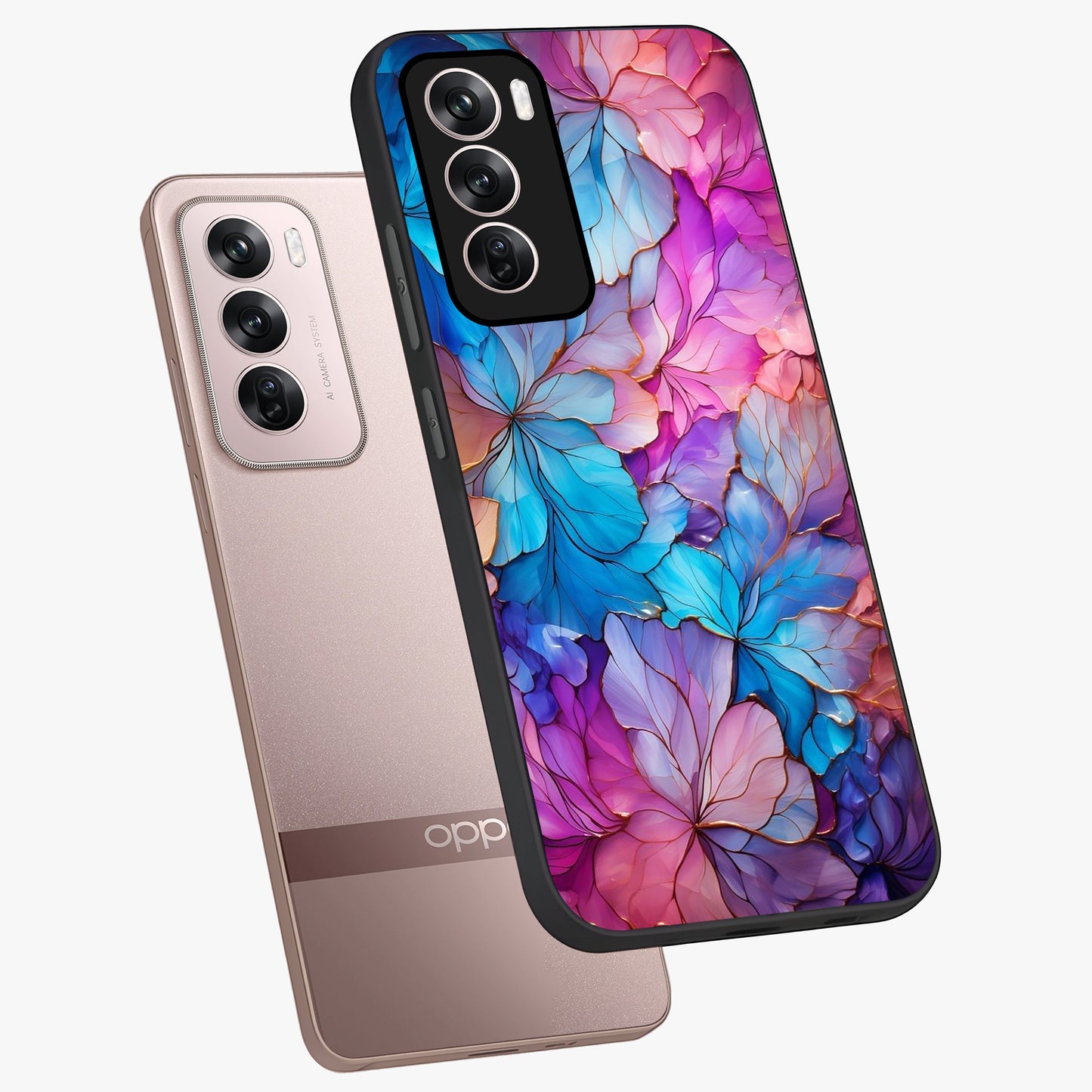Radiant Floral Whirl Glass Case displayed in angled mockup highlighting vibrant flower pattern with dynamic artistic aesthetic.