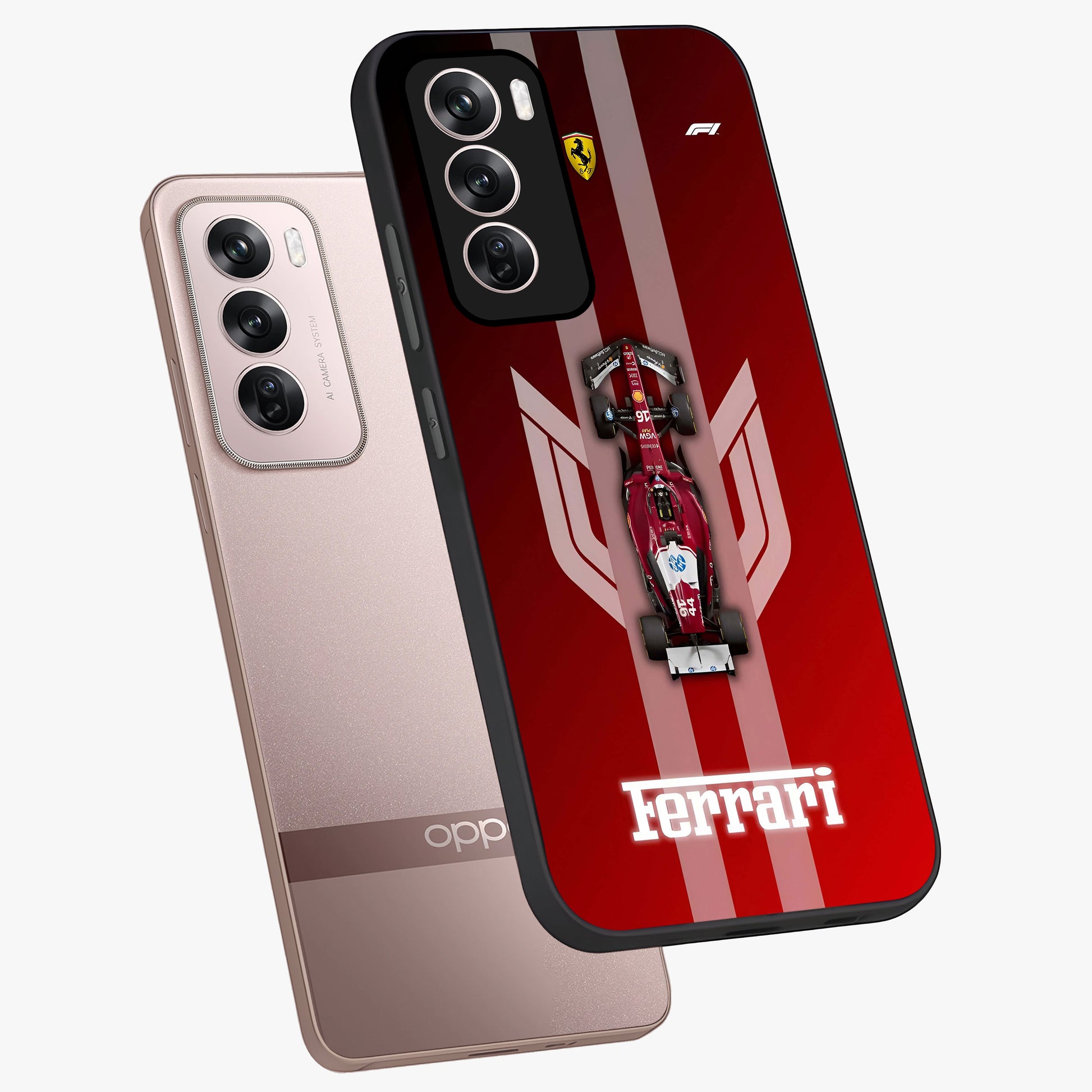 Red Ferrari F1 Vertical Glass Case displayed in angled mockup highlighting high speed racing design with bold automotive aesthetic.
