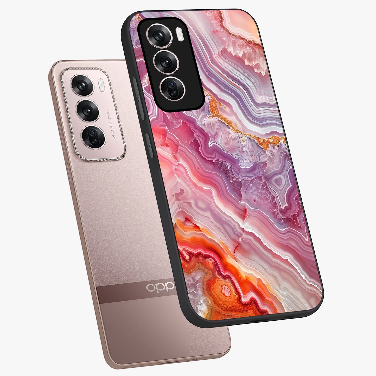 Rose Quartz Marble Glass Case displayed in angled mockup highlighting elegant marble pattern with soft aesthetic style.