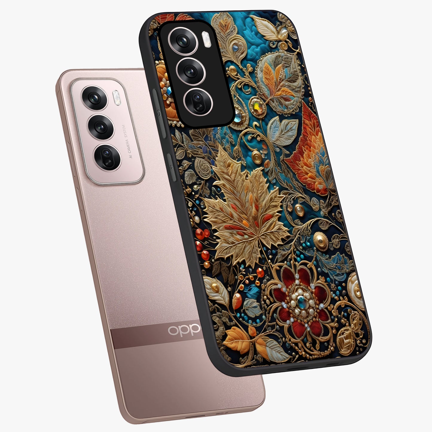 Royal Jewel Garden Glass Case displayed in angled mockup highlighting vibrant jewel inspired floral design with elegant aesthetic.