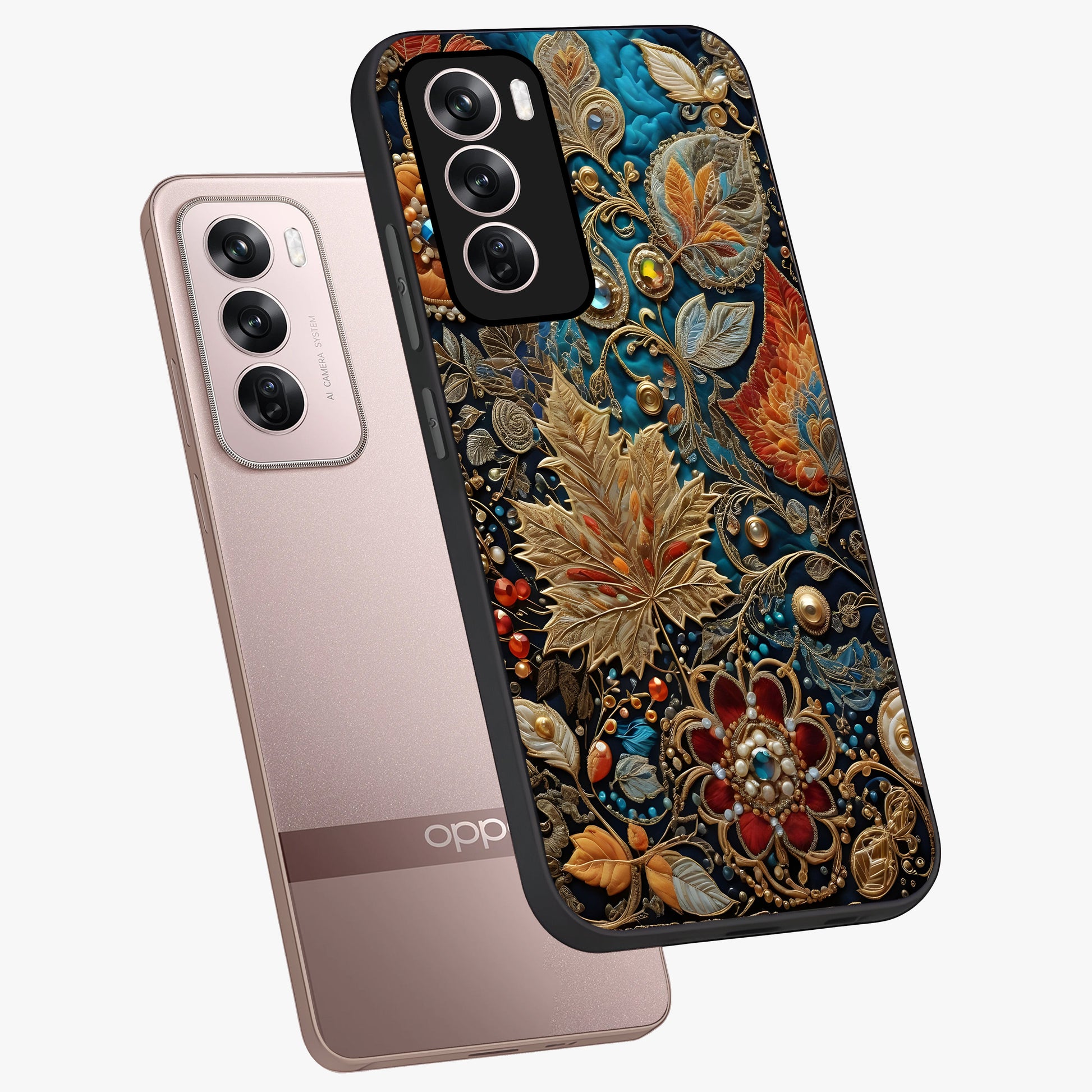 Royal Jewel Garden Glass Case displayed in angled mockup highlighting vibrant jewel inspired floral design with elegant aesthetic.
