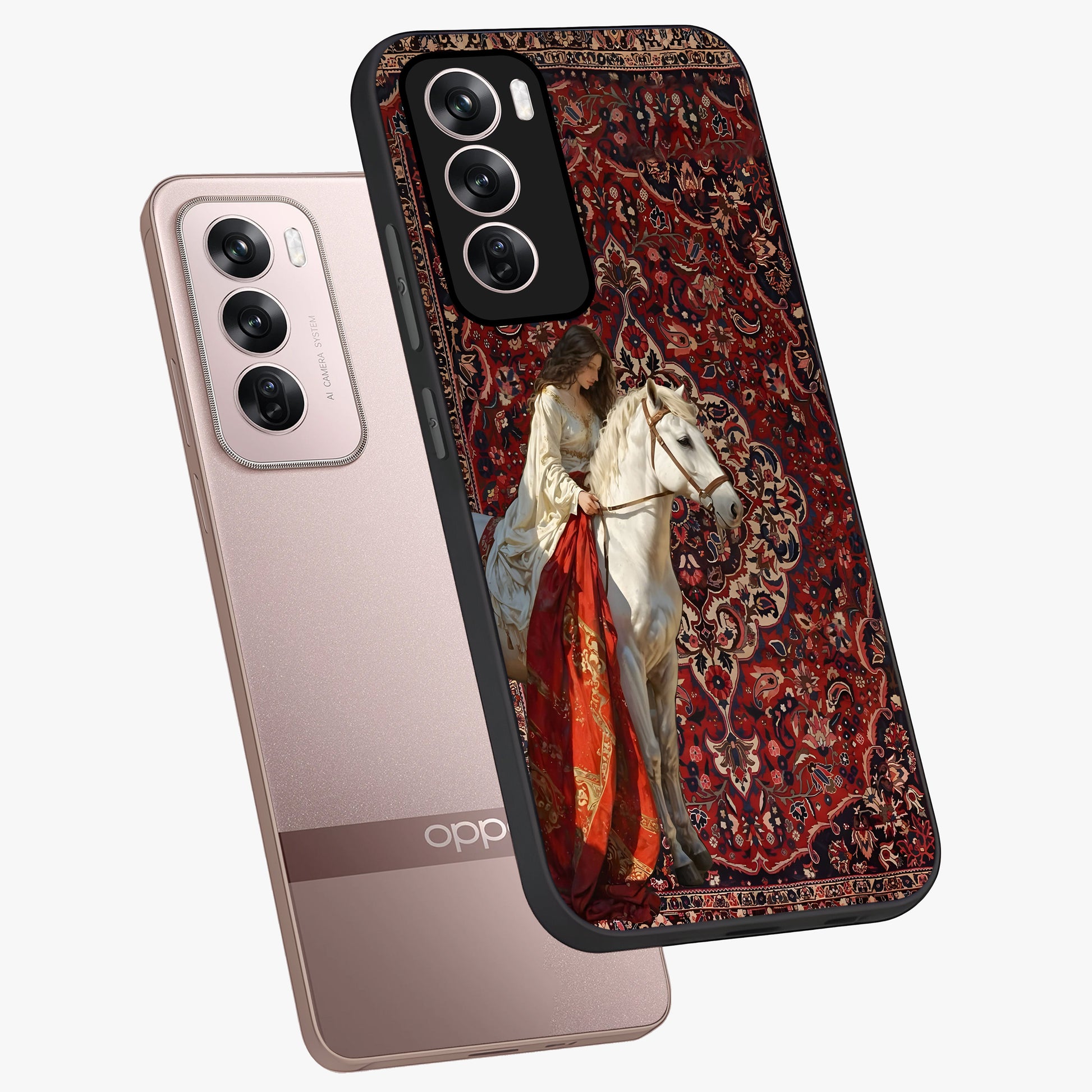 Royal Rider Tapestry Glass Case displayed in angled mockup highlighting traditional tapestry design with royal heritage aesthetic.