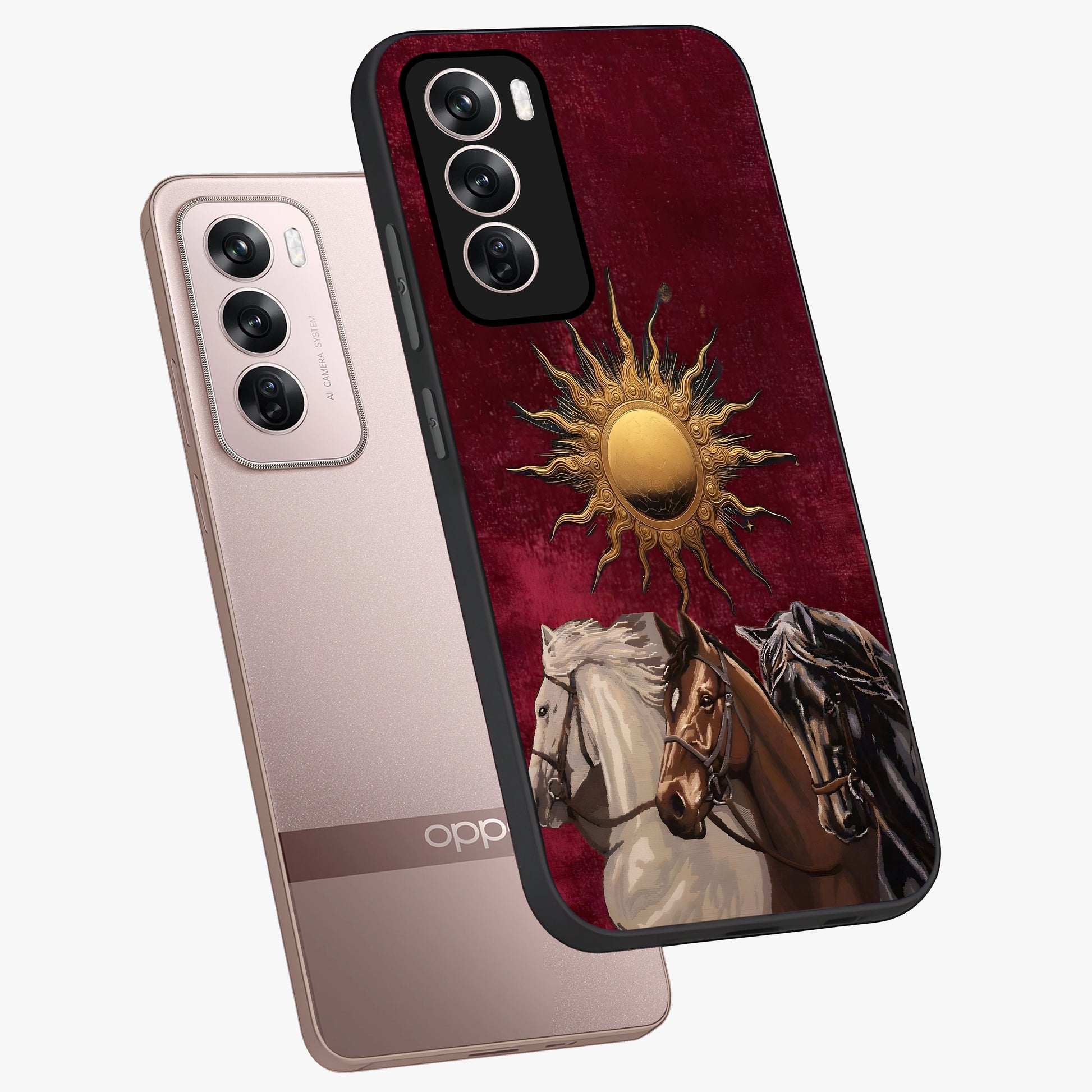 Solar Riders Glass Case displayed in angled mockup highlighting powerful rider illustration with radiant solar aesthetic.