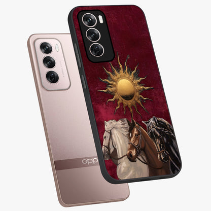 Solar Riders Glass Case displayed in angled mockup highlighting powerful rider illustration with radiant solar aesthetic.