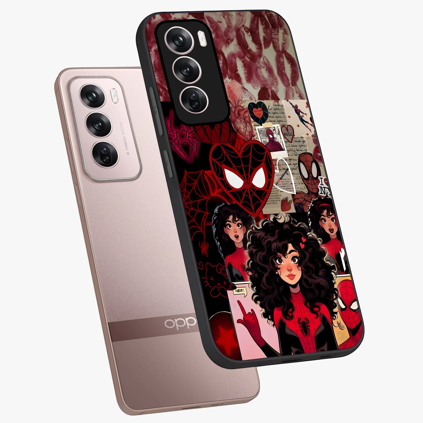 Spider Love Story Glass Case displayed in angled mockup highlighting expressive comic inspired design with playful aesthetic.