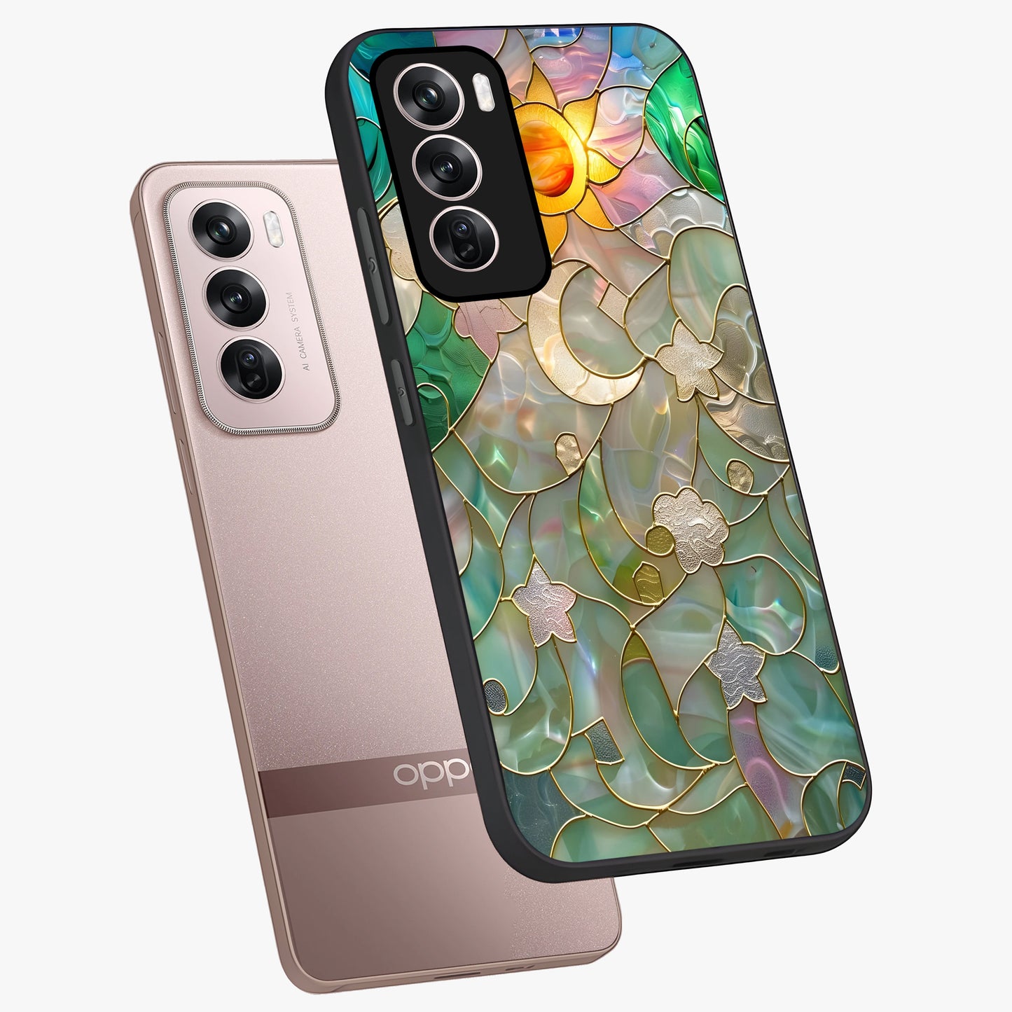 Stained Sunrise Glow Glass Case displayed in angled mockup highlighting radiant sunrise design with artistic aesthetic style.