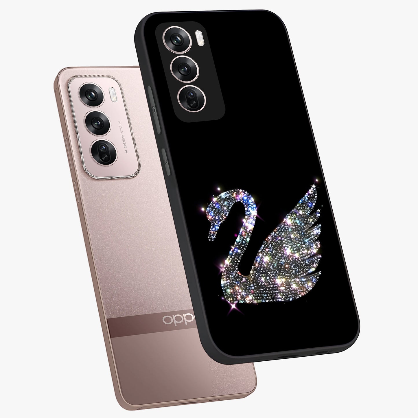 Starlit Swan Grace Glass Case displayed in angled mockup highlighting elegant swan illustration with dreamy celestial aesthetic.