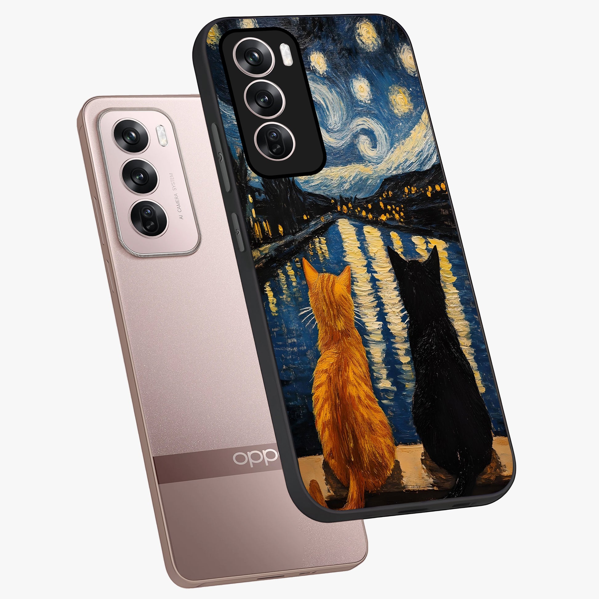 Starry River Cats Glass Case displayed in angled mockup highlighting charming feline illustration with dreamy night aesthetic.