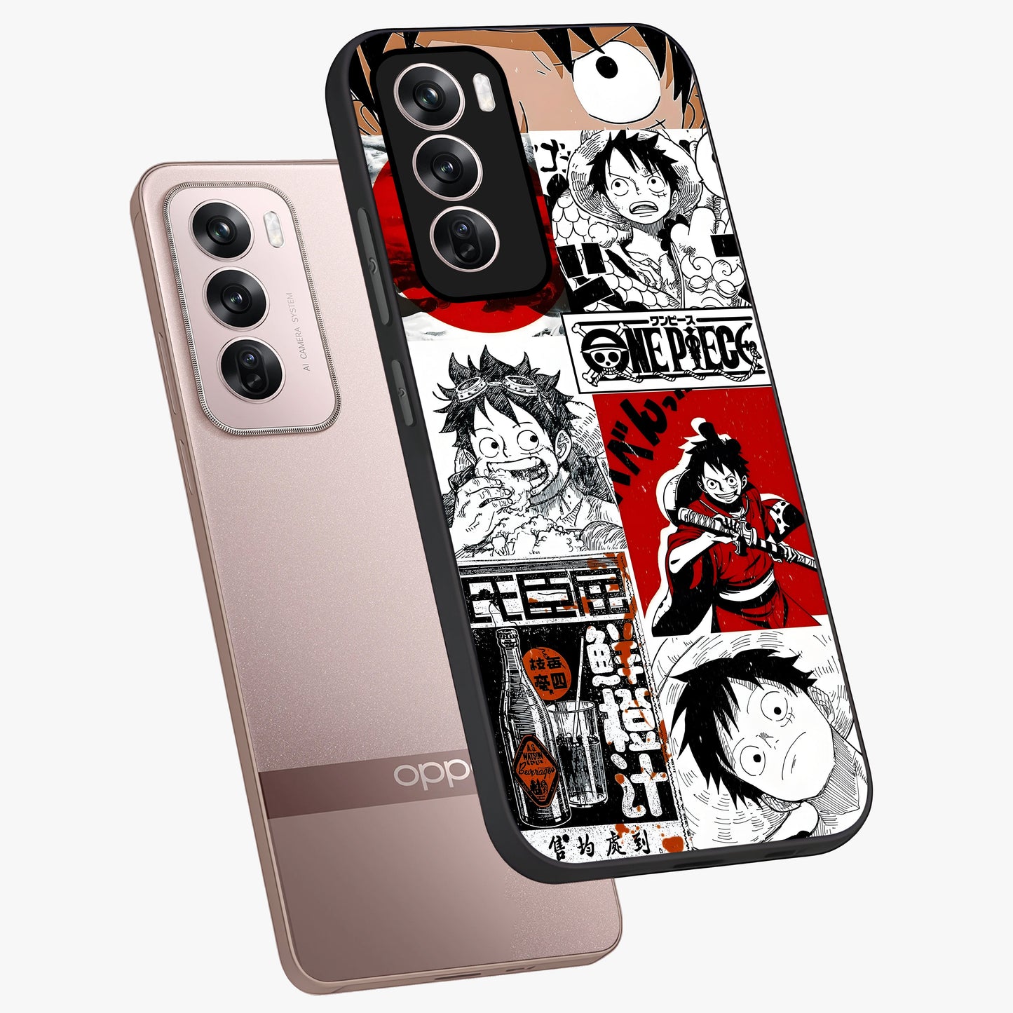 Strawhat Chaos Panels Glass Case displayed in angled mockup highlighting vibrant anime collage design with action aesthetic.