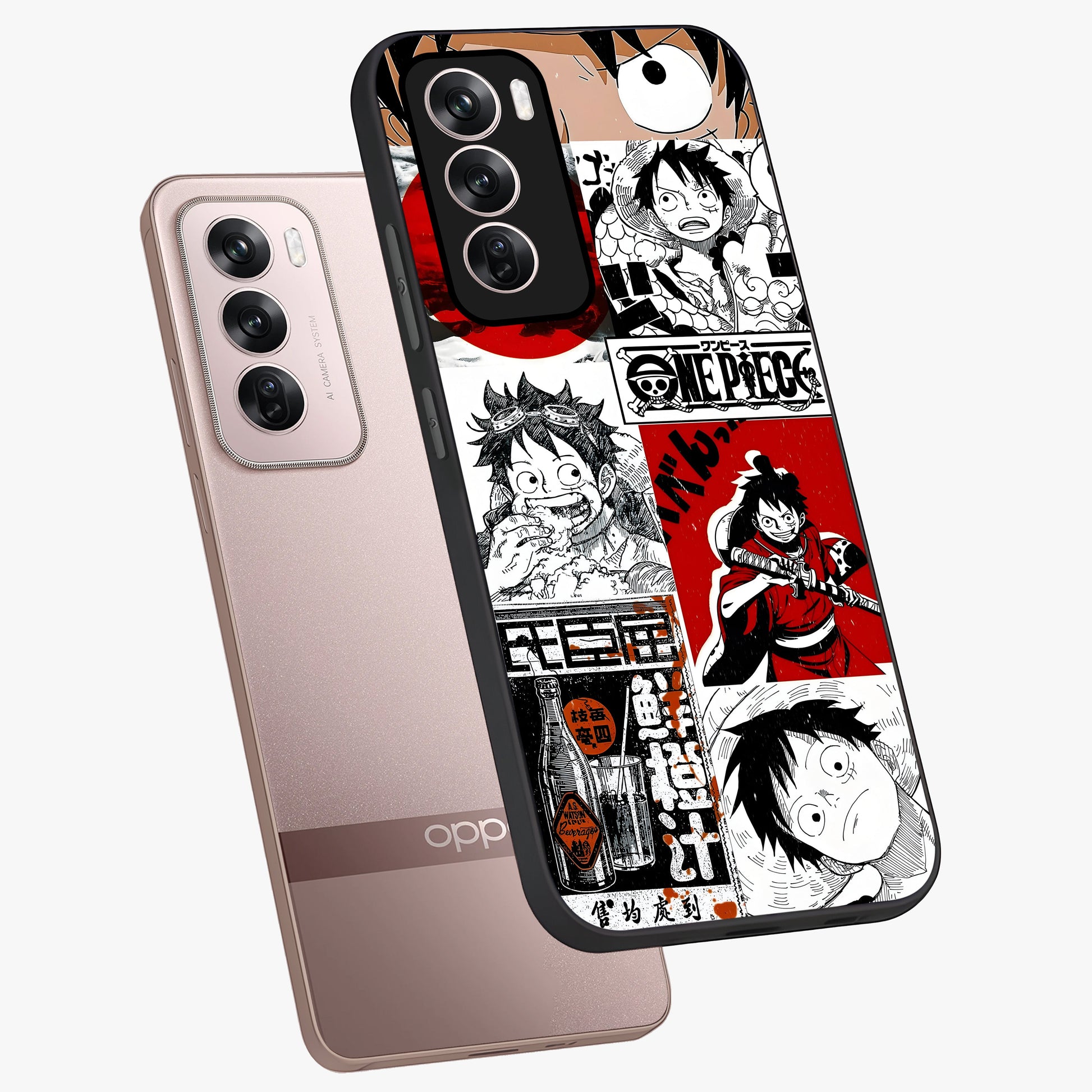 Strawhat Chaos Panels Glass Case displayed in angled mockup highlighting vibrant anime collage design with action aesthetic.
