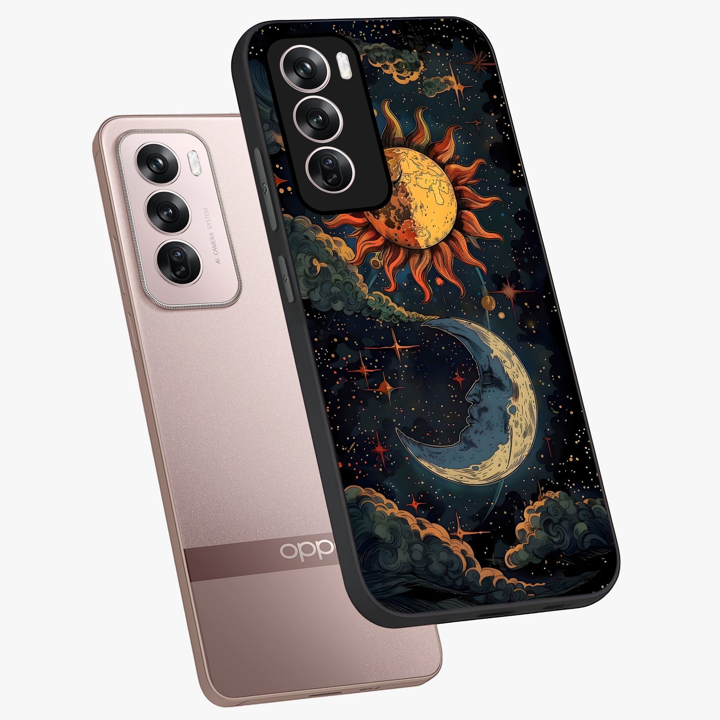 Sun And Moon Magic Design Glass Case displayed in angled mockup highlighting celestial design with magical cosmic aesthetic.