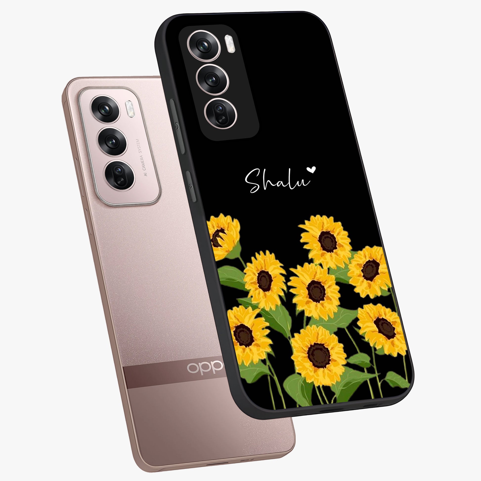 Sunflower Chic Mood Custom Name Glass Case displayed in angled mockup highlighting vibrant sunflower design with custom name feature.