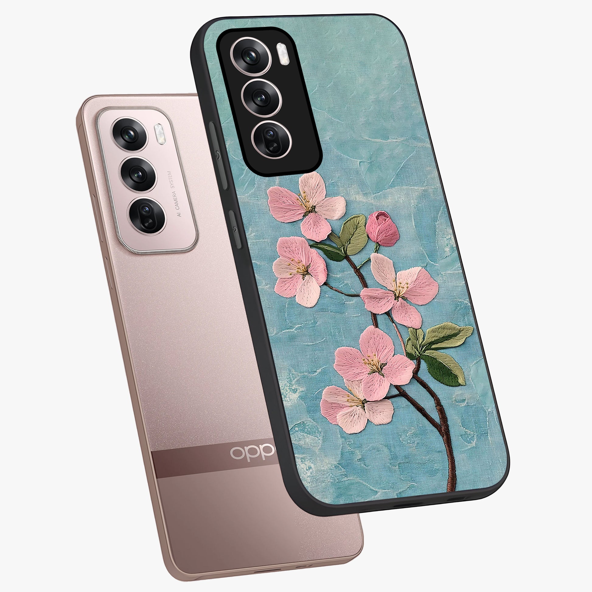 Threaded Blossom Breeze Glass Case displayed in angled mockup highlighting elegant floral design with soft aesthetic style.