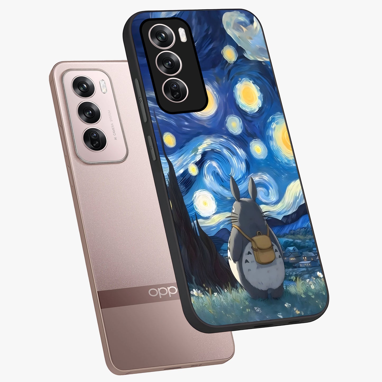 Totoro In Van Gogh Art Glass Case displayed in angled mockup highlighting artistic swirling sky design with playful animation aesthetic.