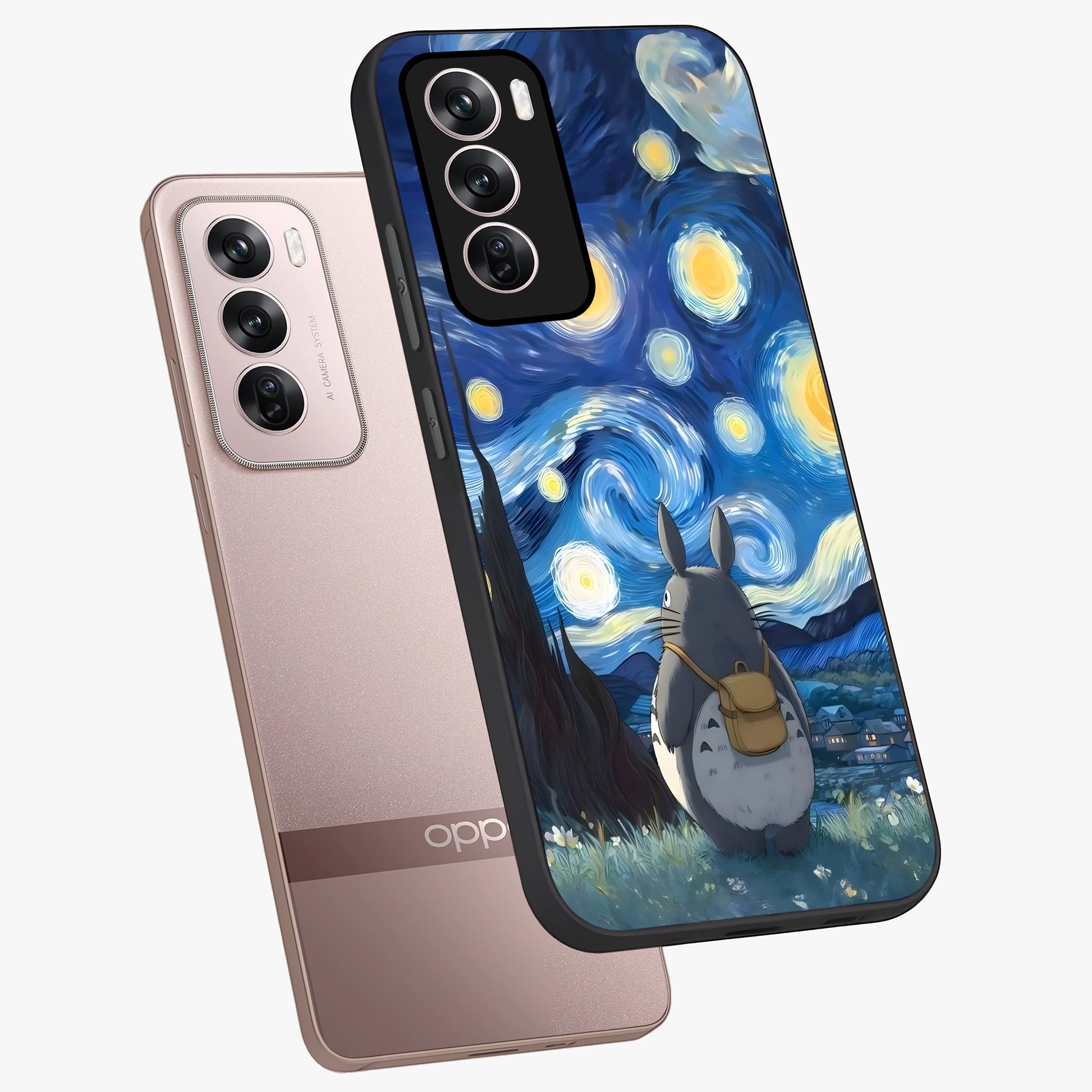 Totoro In Van Gogh Art Glass Case displayed in angled mockup highlighting artistic swirling sky design with playful animation aesthetic.