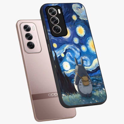 Totoro In Van Gogh Art Glass Case displayed in angled mockup highlighting artistic swirling sky design with playful animation aesthetic.