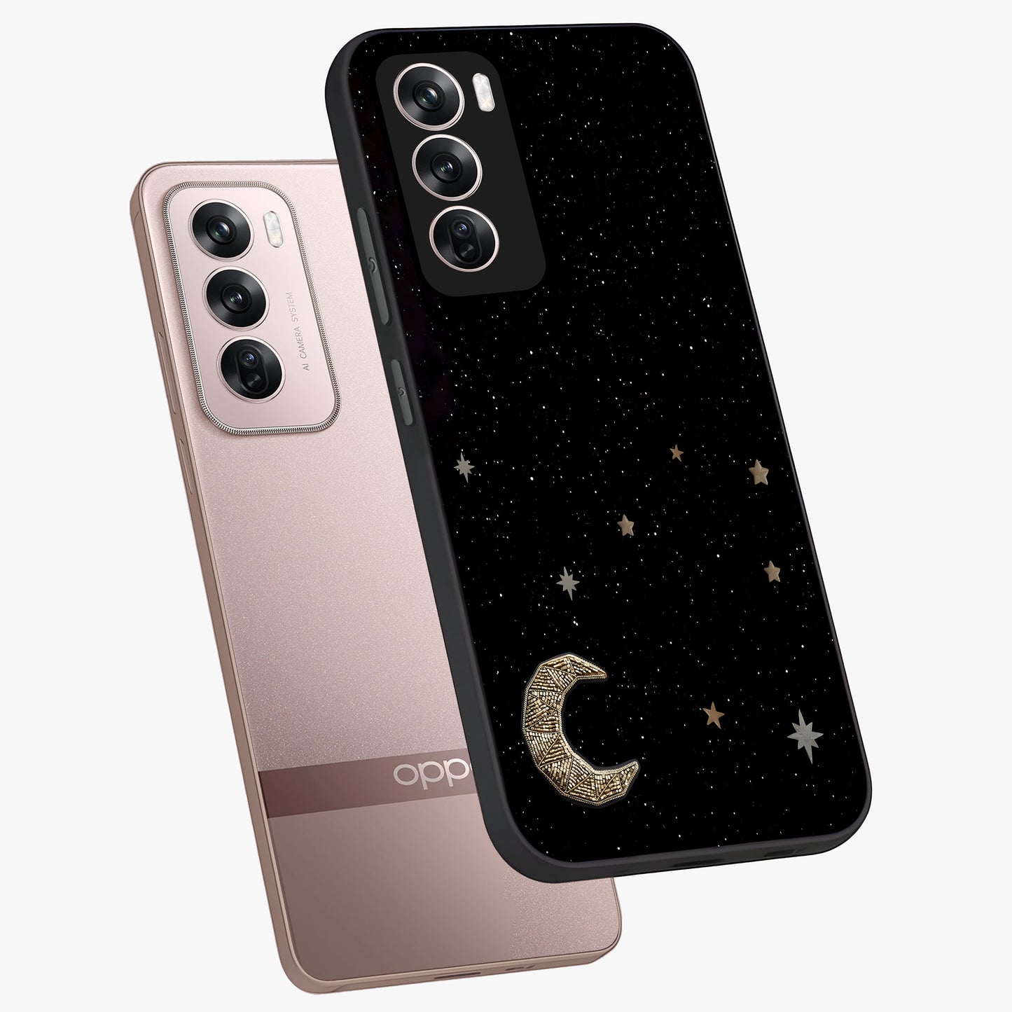 Twinkle Star With Half Moon Glass Case displayed in angled mockup highlighting celestial moon and star design with magical aesthetic.