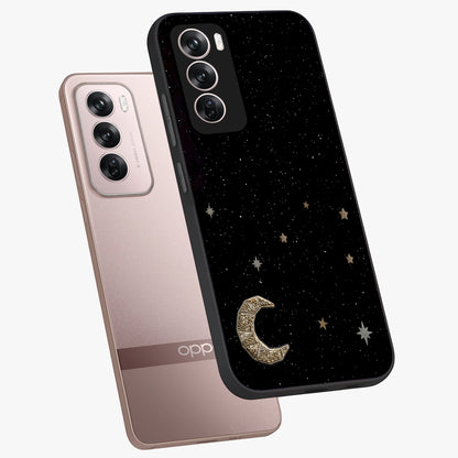 Twinkle Star With Half Moon Glass Case displayed in angled mockup highlighting celestial moon and star design with magical aesthetic.