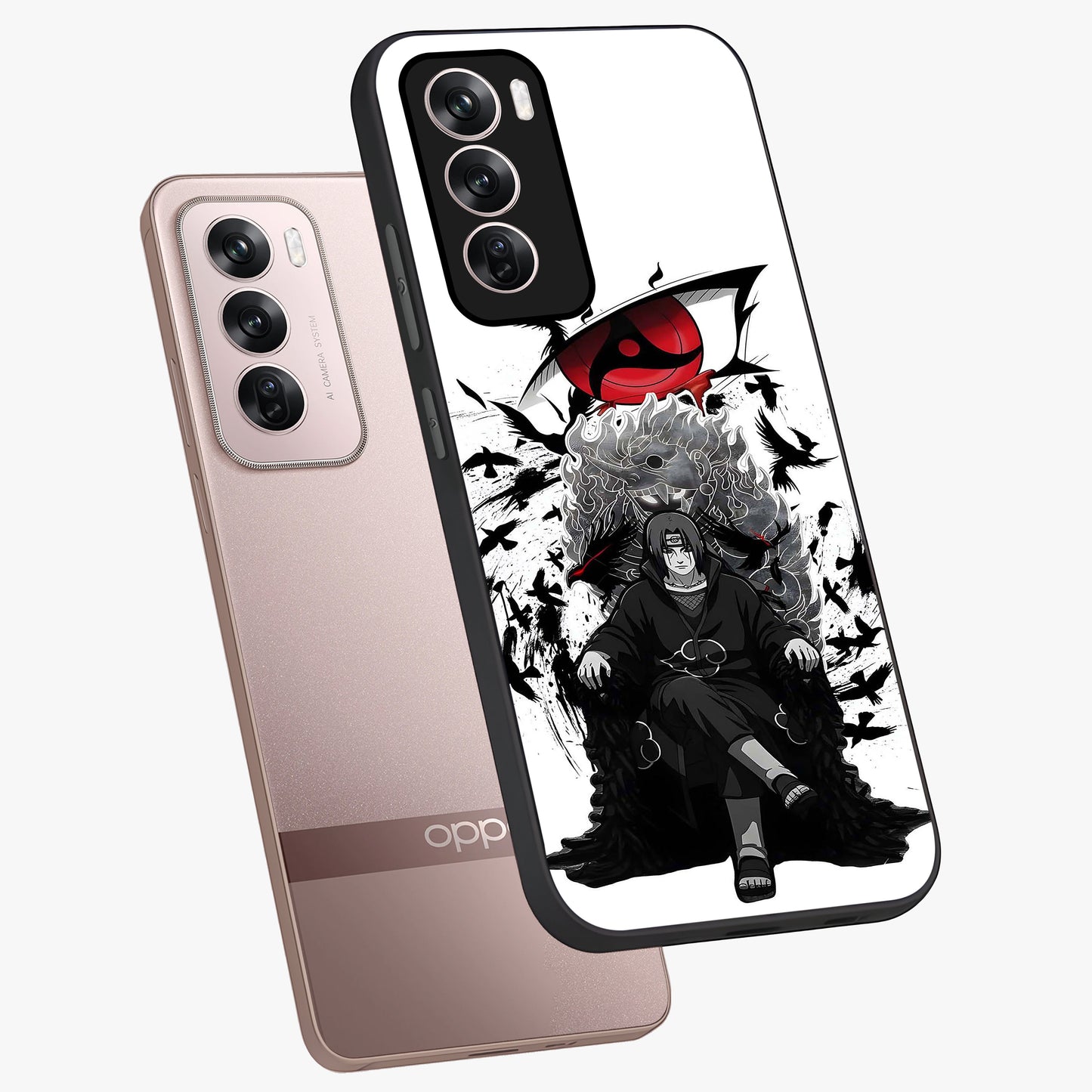 Uchiha Shadow Throne Glass Case displayed in angled mockup highlighting glowing aquatic design with celestial aesthetic.