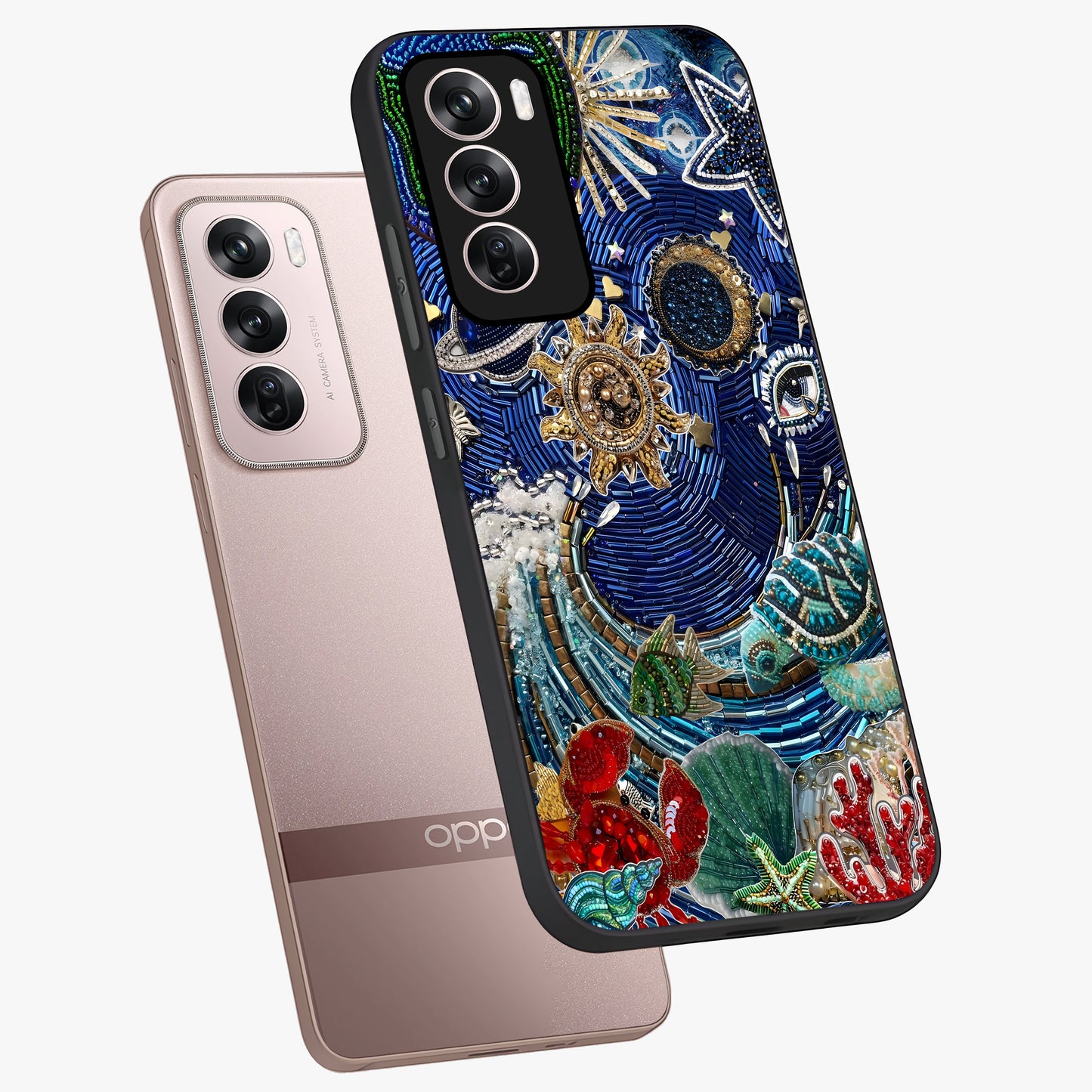Universe Underwater Spark Glass Case displayed in angled mockup highlighting glowing aquatic design with celestial aesthetic.