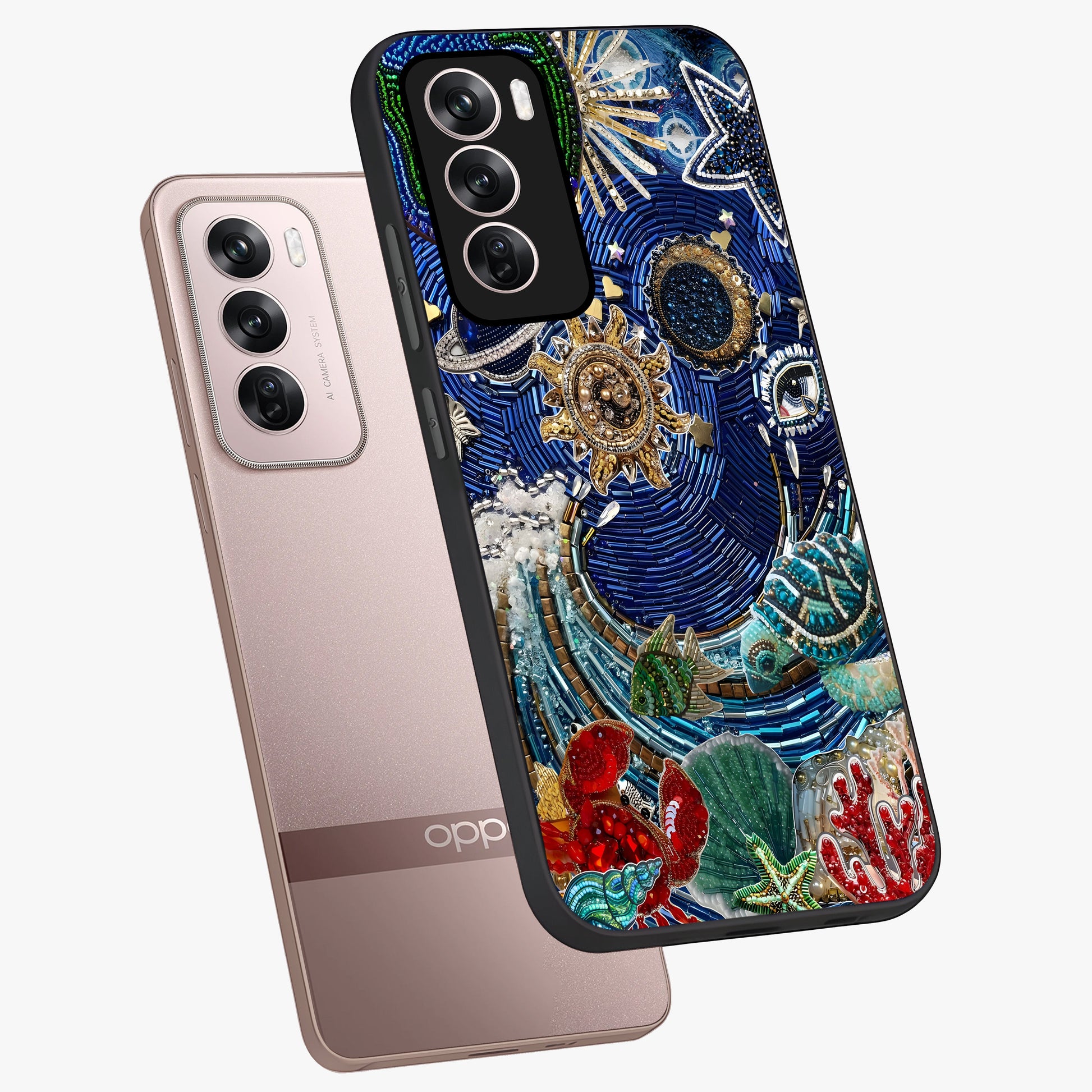 Universe Underwater Spark Glass Case displayed in angled mockup highlighting glowing aquatic design with celestial aesthetic.