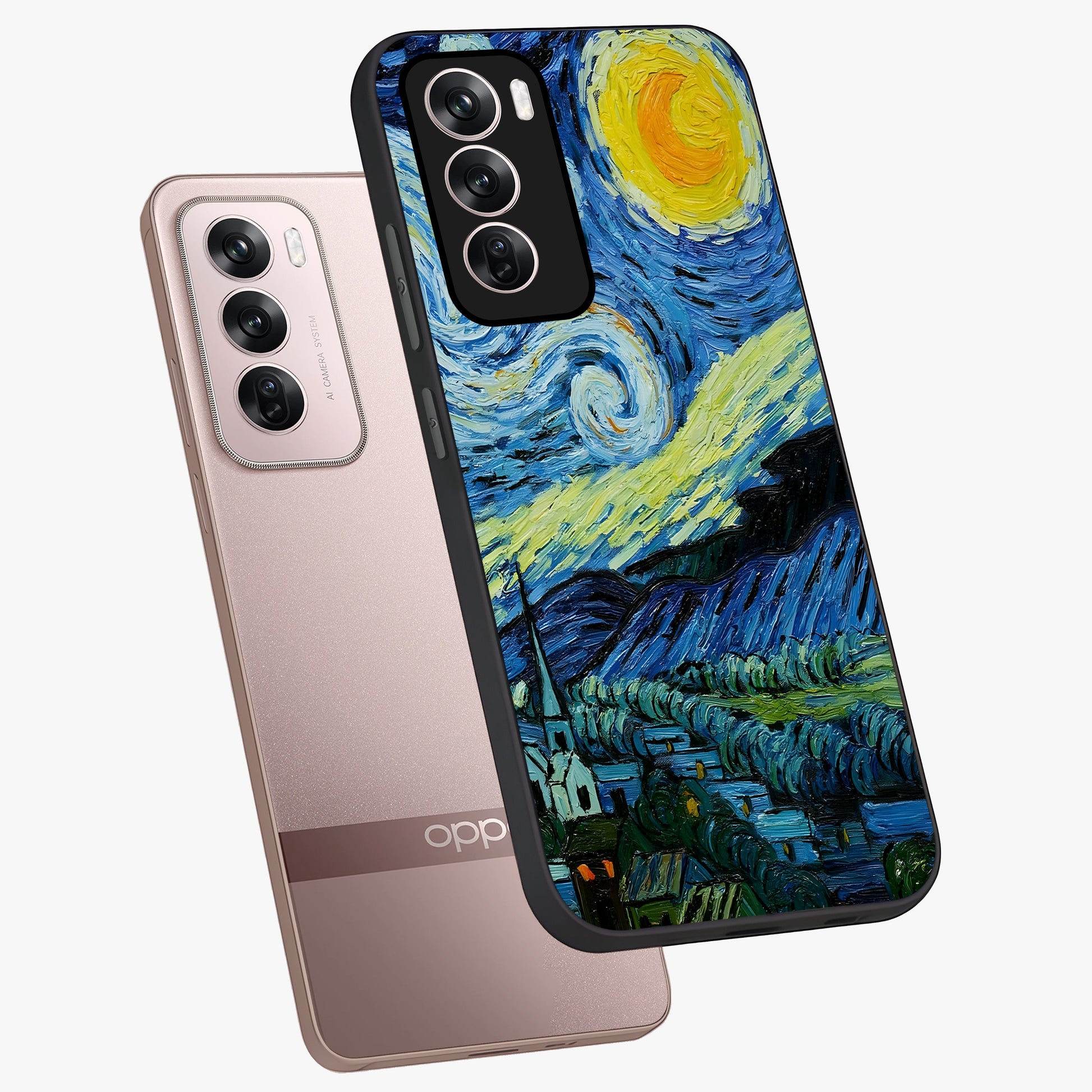 Van Gogh Art Glass Case displayed in angled mockup highlighting swirling brushstroke design with artistic aesthetic.