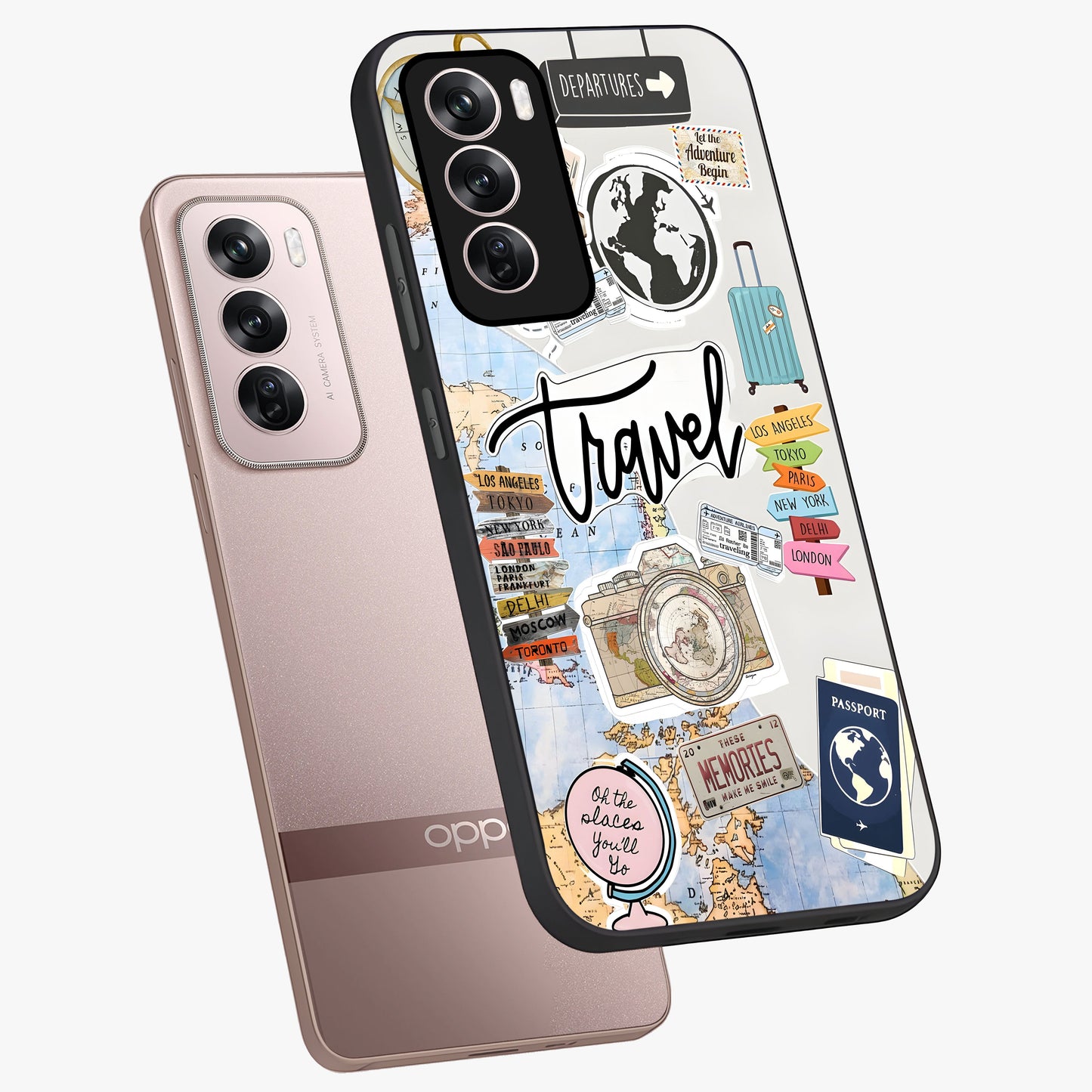 Wanderlust Journal Glass Case displayed in angled mockup highlighting adventure themed design with aesthetic travel vibe.