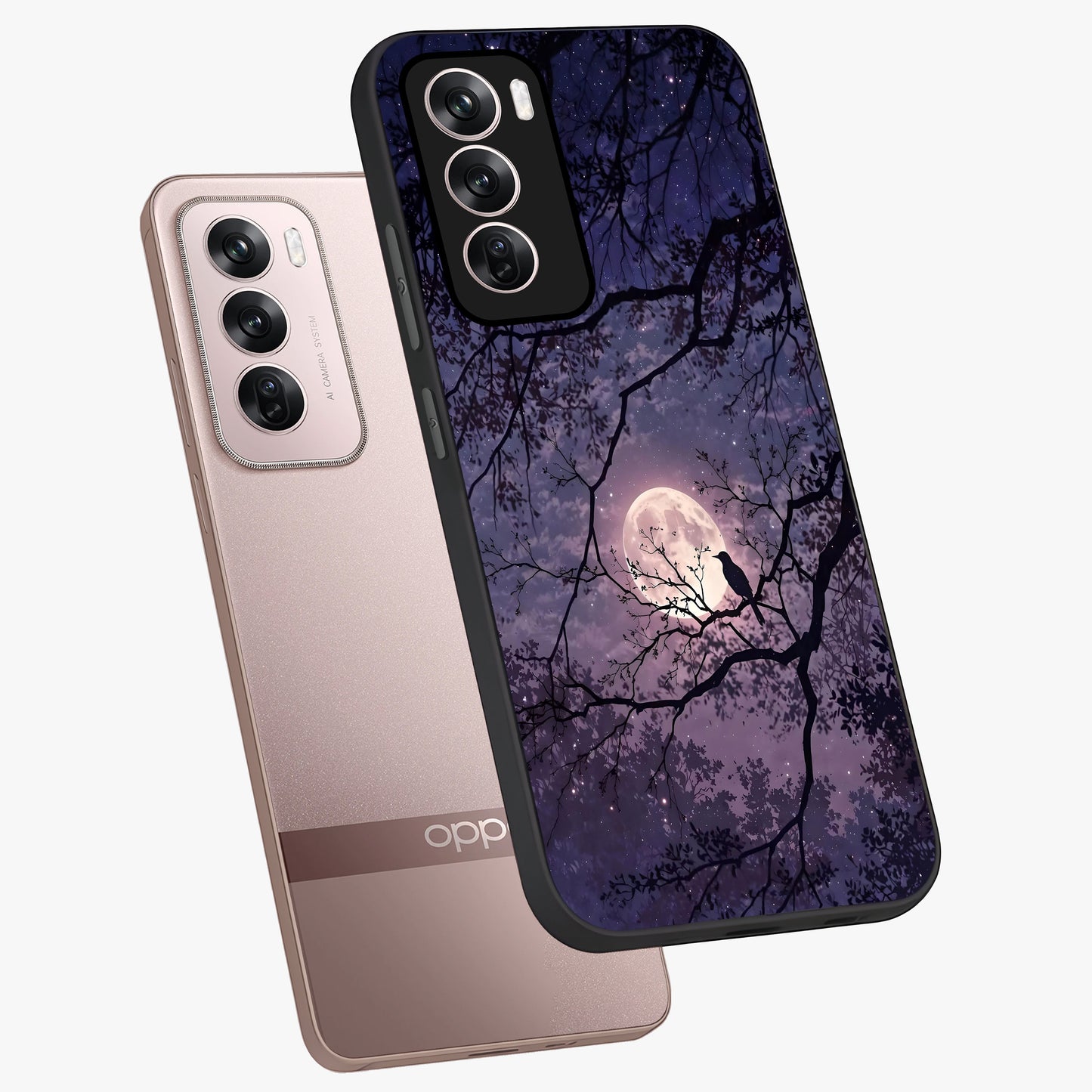 Whispering Moon Silence Glass Case displayed in angled mockup highlighting calm lunar design with dreamy night aesthetic.