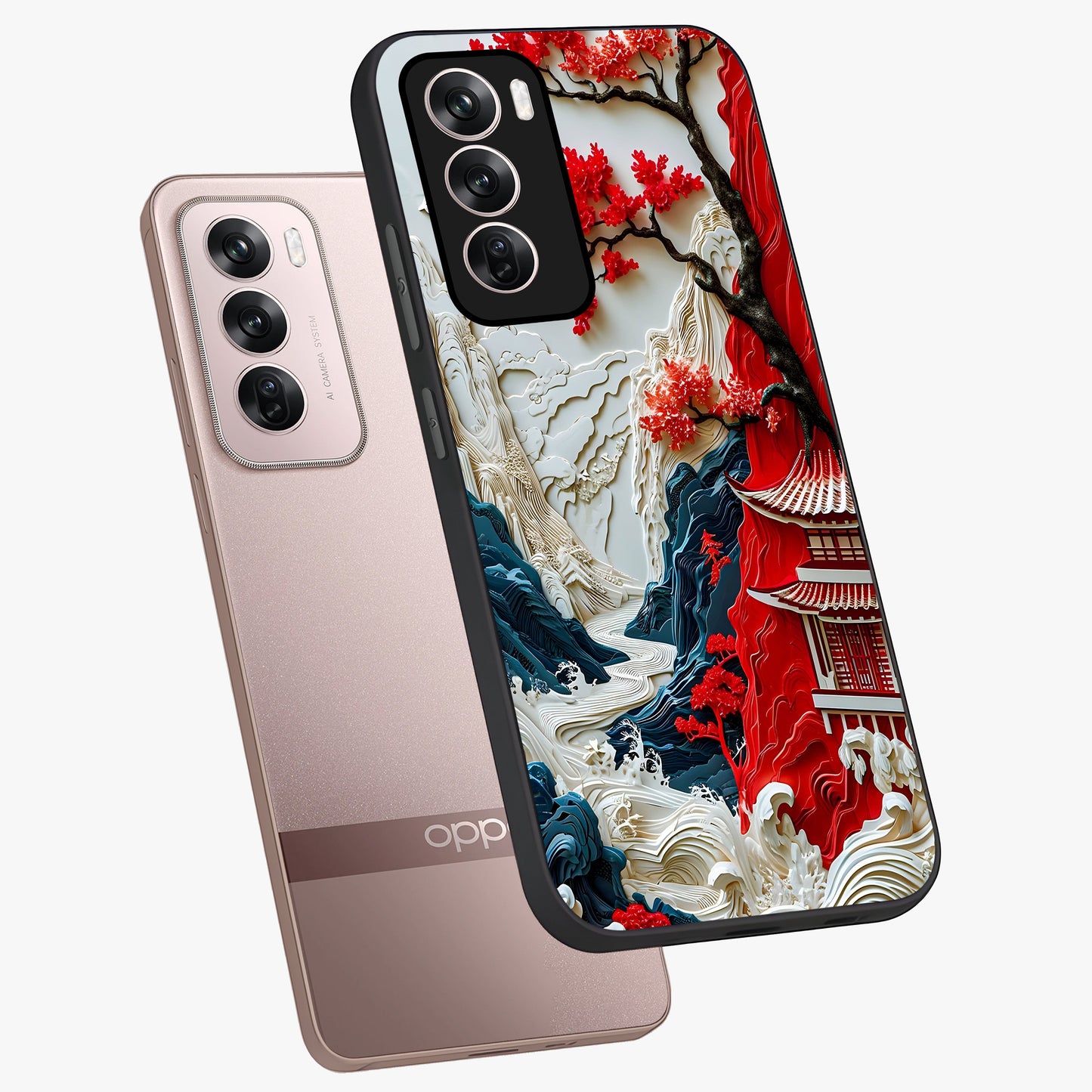 Whispers Of Sakura Waves Glass Case displayed in angled mockup highlighting flowing sakura design with soft floral aesthetic.