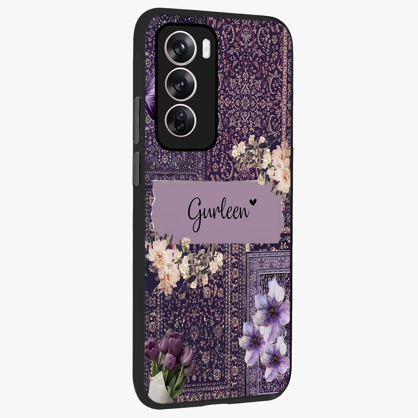 Antique Floral Whisper Custom Name Glass Case upright view showcasing delicate floral artwork with custom name feature.