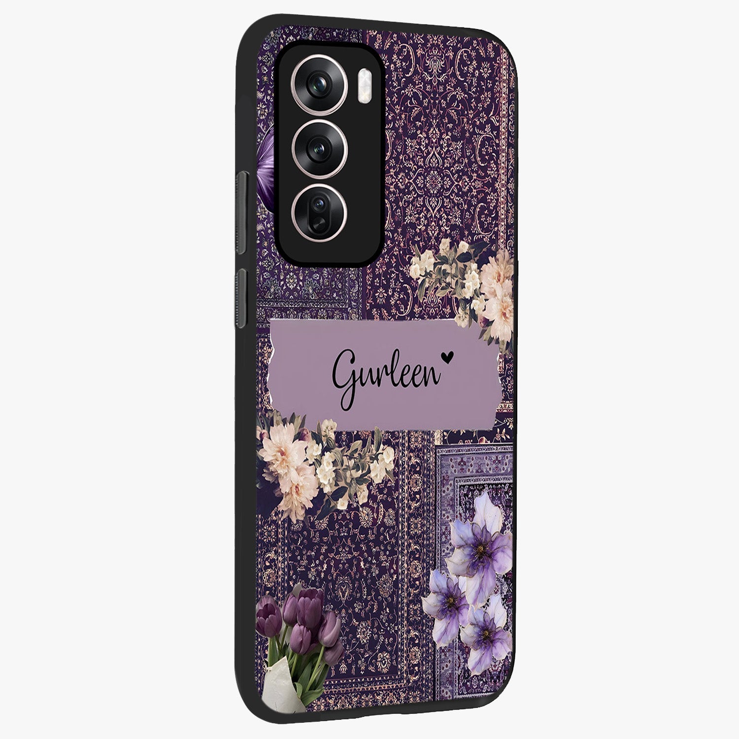 Antique Floral Whisper Custom Name Glass Case upright view showcasing delicate floral artwork with custom name feature.