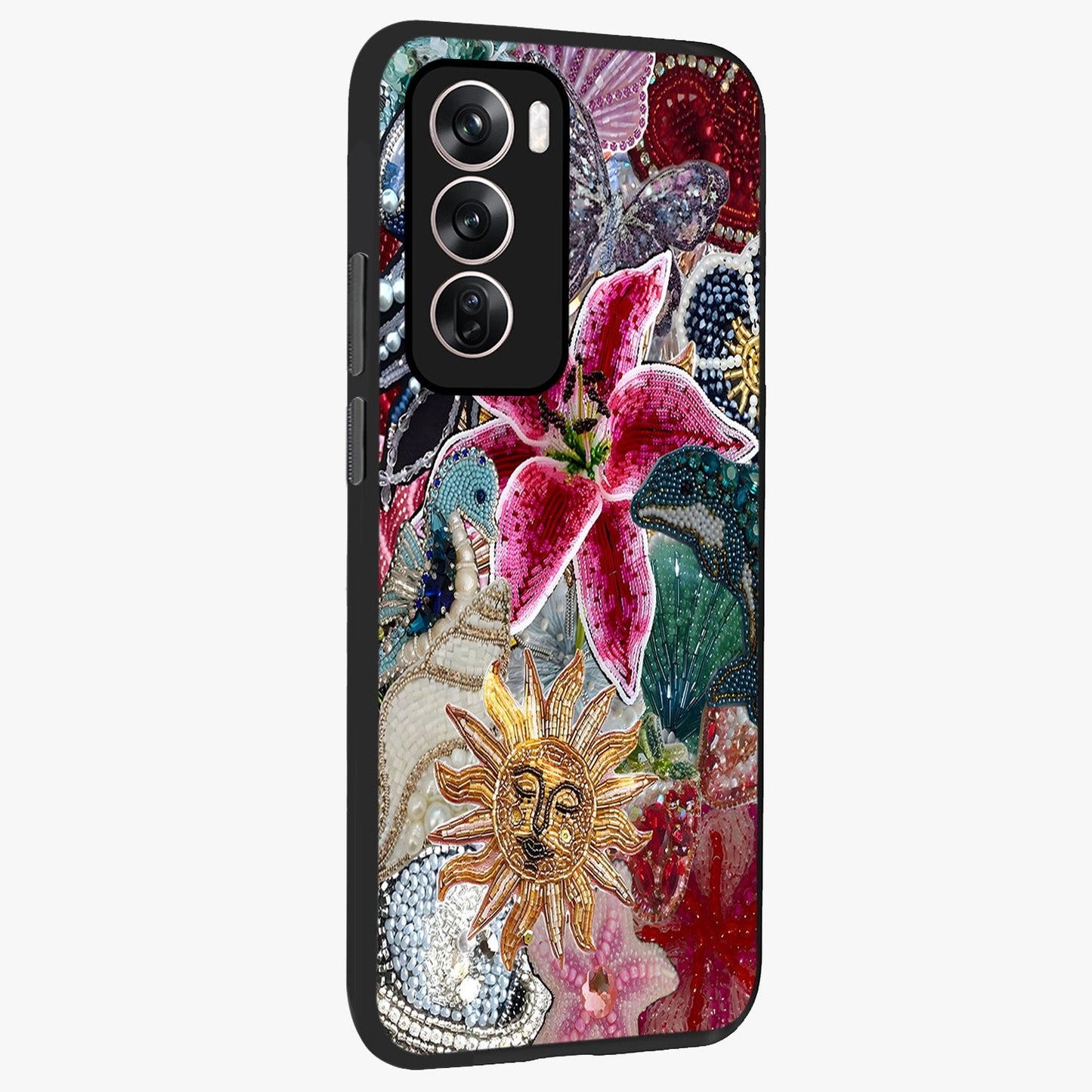 Beaded Garden Fantasy Glass Case upright view showcasing whimsical garden aesthetic with artistic bead details.
