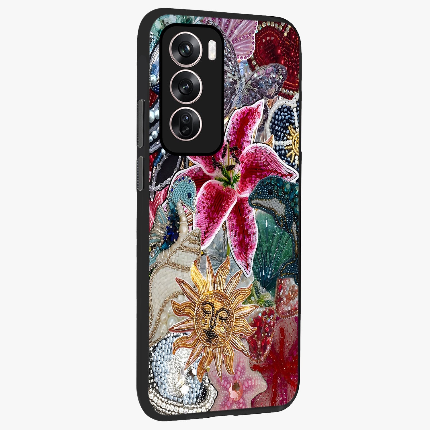 Beaded Garden Fantasy Glass Case upright view showcasing whimsical garden aesthetic with artistic bead details.