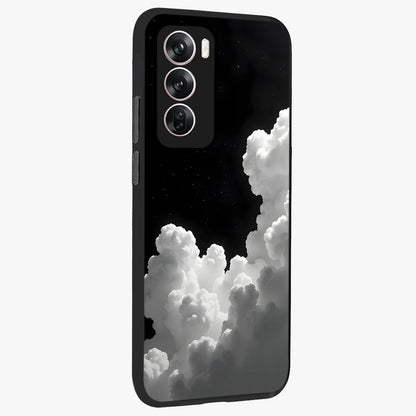 Black Background With White Cloud Glass Case upright view showcasing calm cloud aesthetic with modern minimal style.