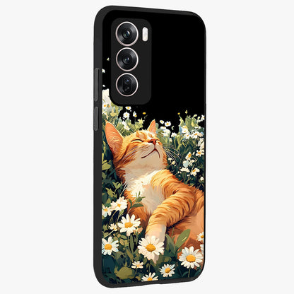 Blissful Bloom Cat Glass Case upright view showcasing charming cat design surrounded by blooming floral elements.