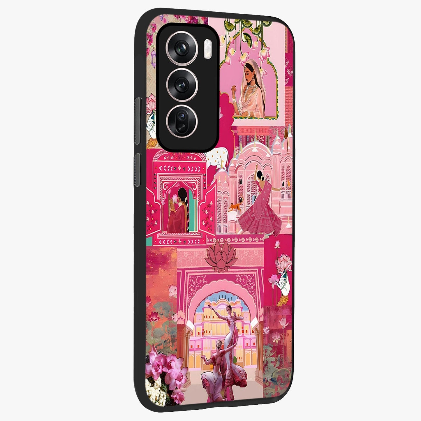 Blossoms of Rajasthan Glass Case upright view showcasing colorful floral design inspired by traditional Indian art.
