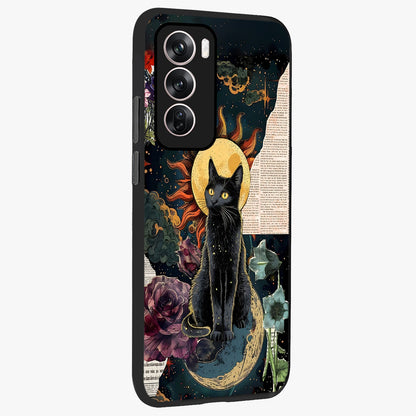 Celestial Black Cat Glass Case upright view showcasing magical black cat illustration with starry cosmic theme.