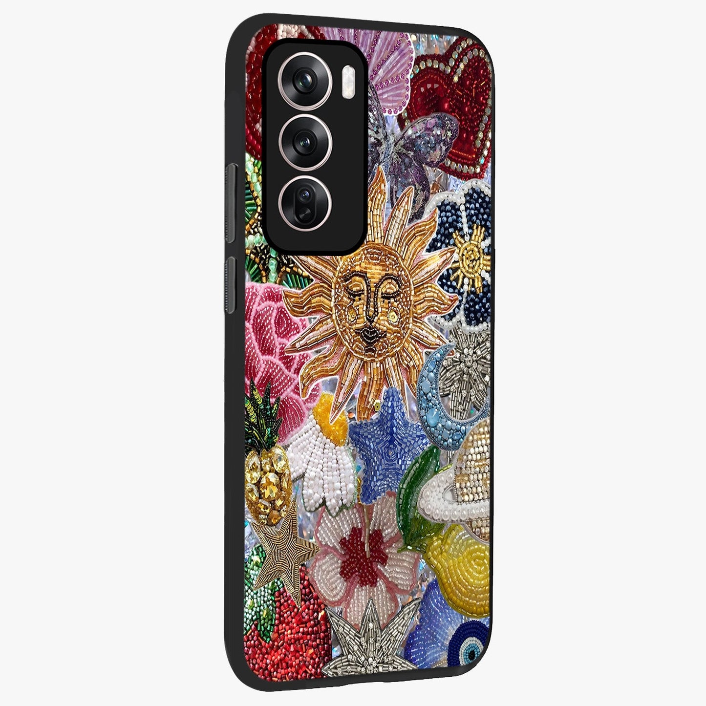 Celestial Floral and Playful Glass Case upright view showcasing whimsical floral artwork with cosmic aesthetic theme.