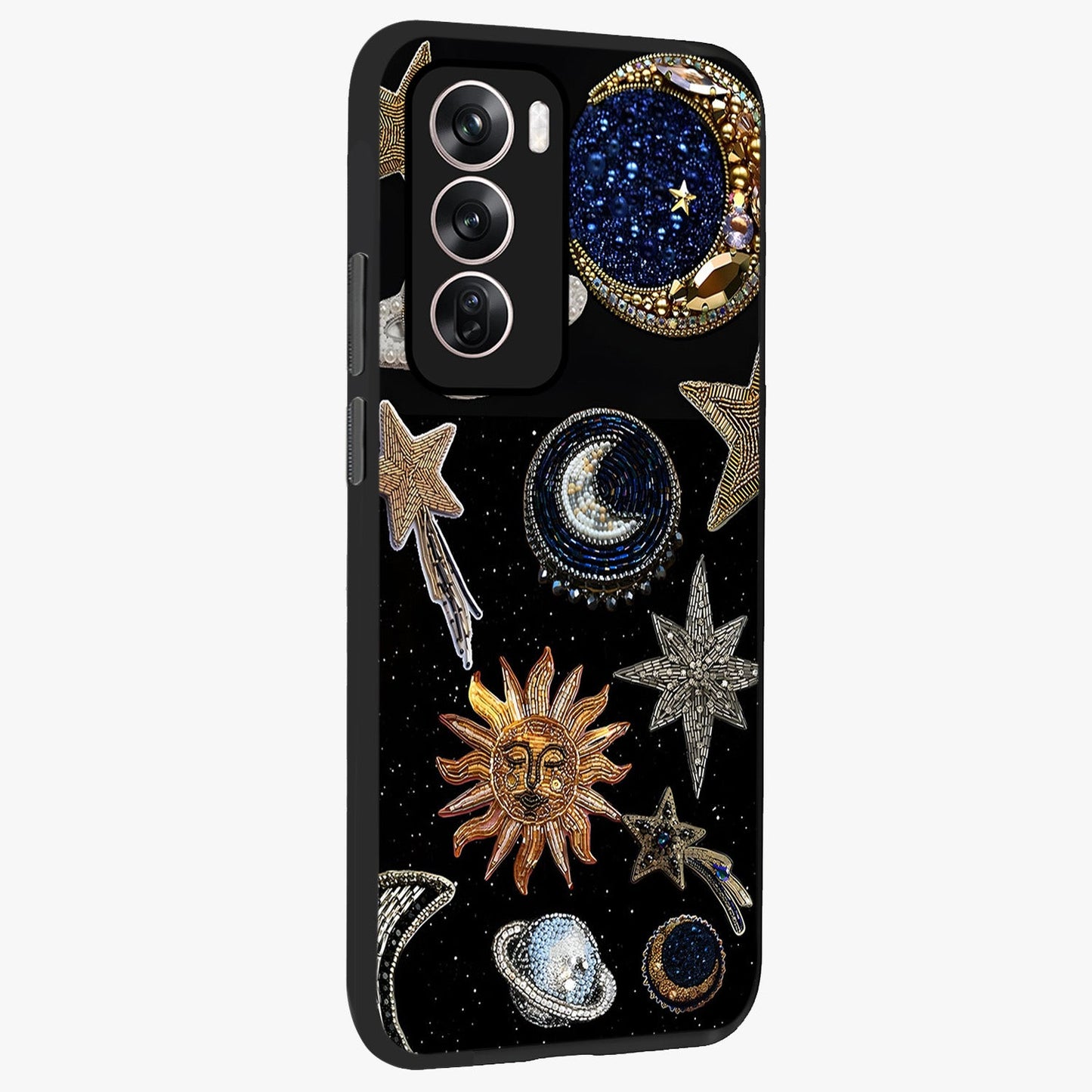 Celestial Gem Constellations Glass Case upright view showcasing cosmic constellation artwork with celestial aesthetic style.