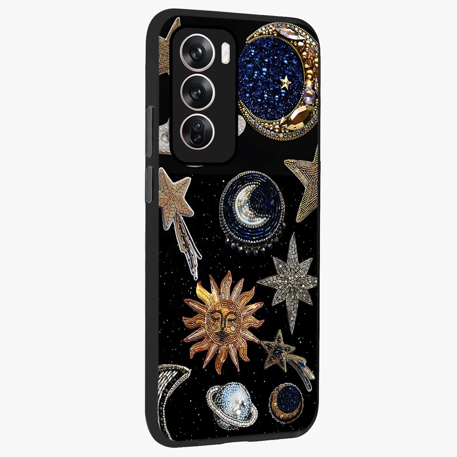 Celestial Gem Constellations Glass Case upright view showcasing cosmic constellation artwork with celestial aesthetic style.