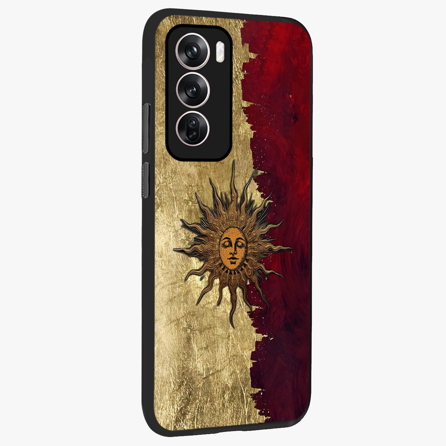 Crimson Sun Majesty Glass Case upright view showcasing vibrant sun artwork with powerful celestial theme.