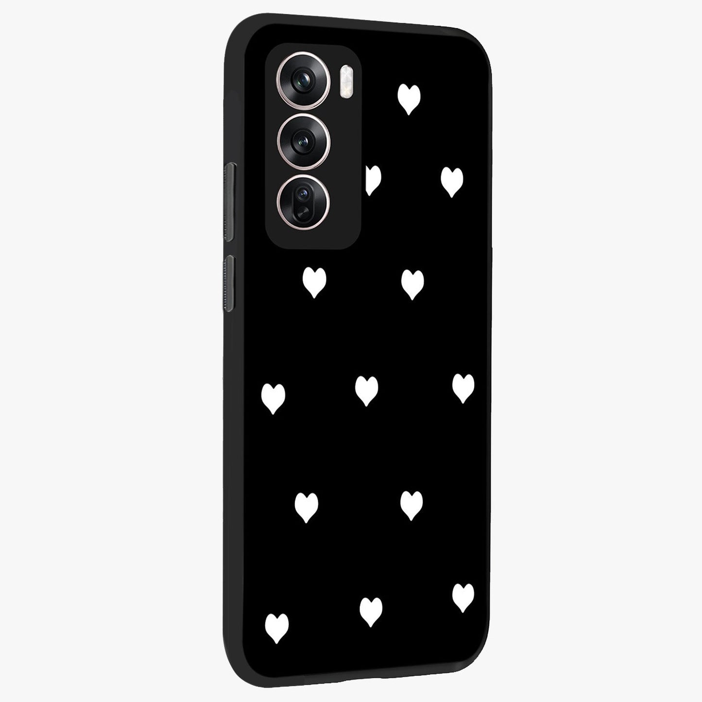 Cute And Simple White Hearts Glass Case upright view showcasing simple white hearts artwork with soft minimal theme.