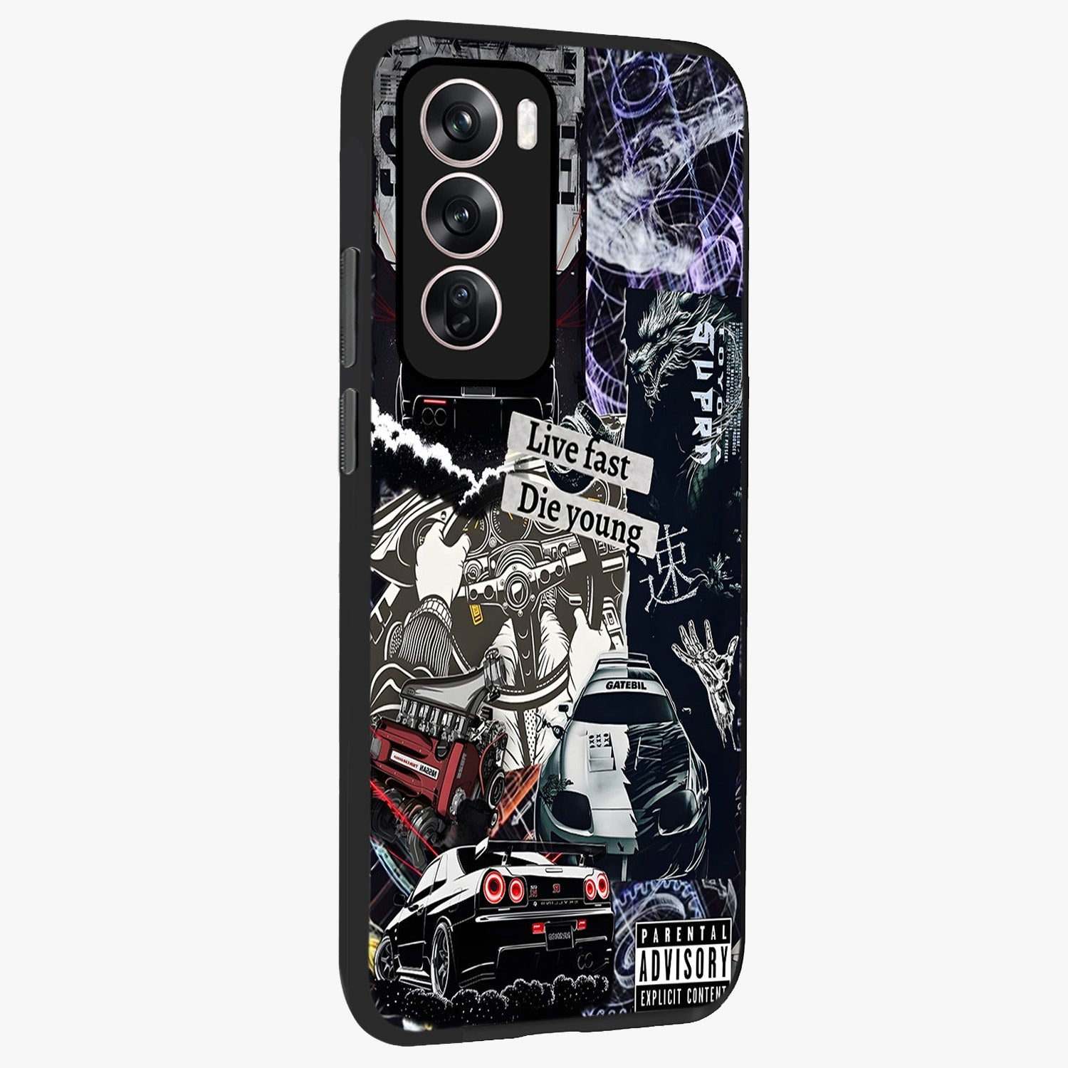 Die Young Glass Case upright view showcasing striking typography artwork with modern statement theme.