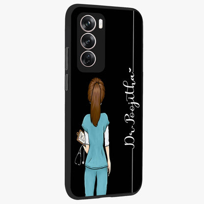 Doctor Pattern Custom Name Glass Case upright view showcasing healthcare themed design with personalized aesthetic.