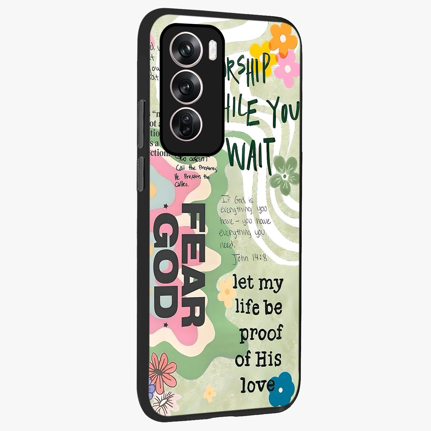 Faith Over Fear Glass Case upright view showcasing bold typography artwork with uplifting motivational theme.