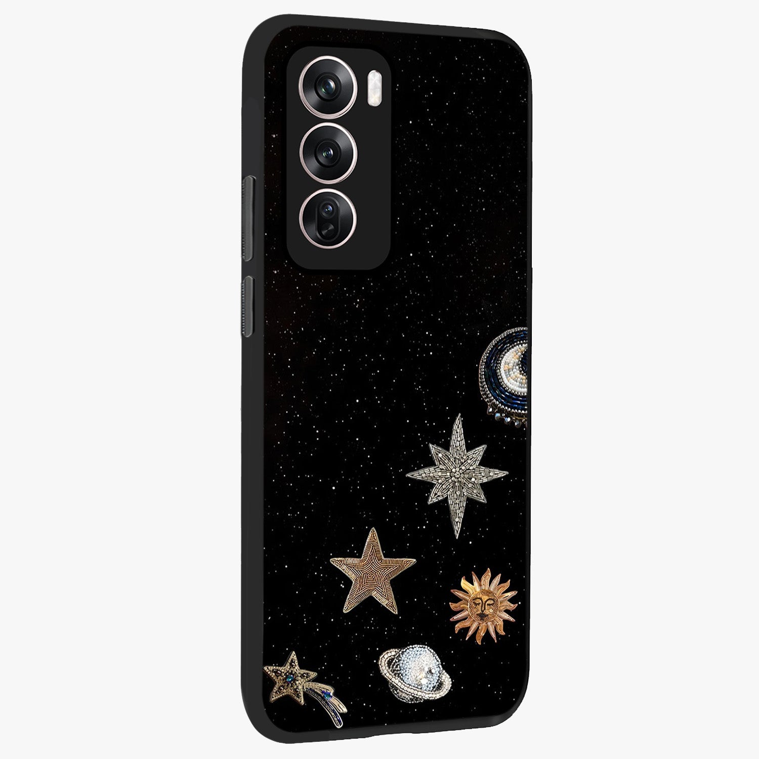 Galactic Charm Glow Glass Case upright view showcasing glowing cosmic charm artwork with magical celestial style.