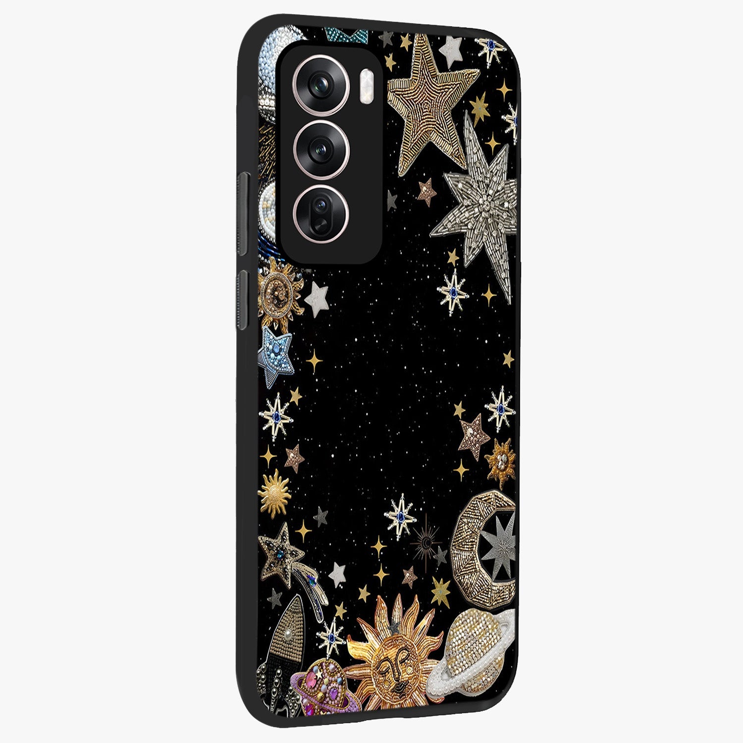 Galactic Jewel Stars Glass Case upright view showcasing glittering star jewel artwork with vibrant galaxy theme.