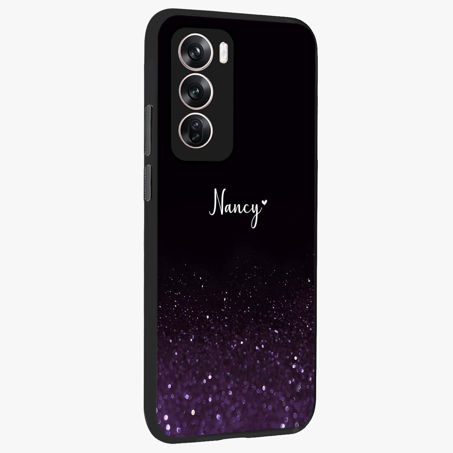 Glittery Purple Bokeh Custom Name Glass Case upright view showcasing vibrant purple sparkle artwork with personalized aesthetic style.